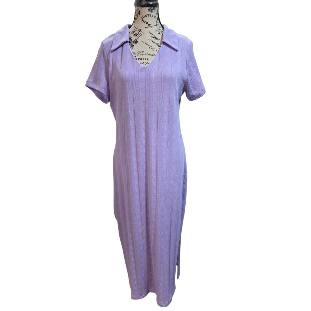 Hayden LA Purple Ribbed Knit Maxi Dress L Short Sleeve Collared V-Neck Slit